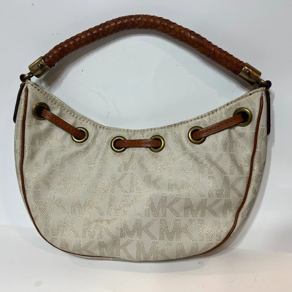 Michael Kors Signature MK Monogram Hobo Bag Cream Gold Braided Leather Handle